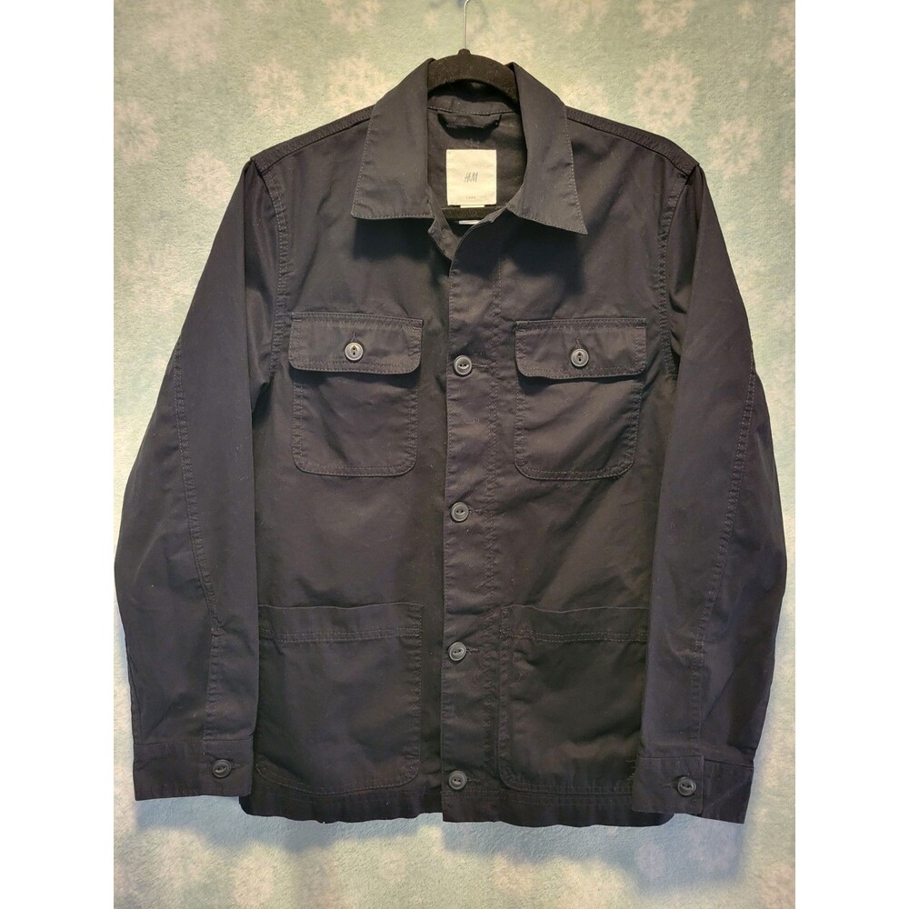 H&M Chore Jacket Mens XS Black Overshirt Workwear Shacket LOGG Utility Button